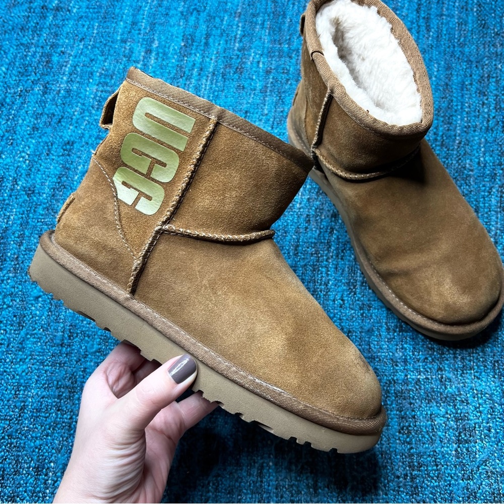 UGG Classic Mini Rubber Logo Fleece Lined Booties in Chestnut Brown Women's 5